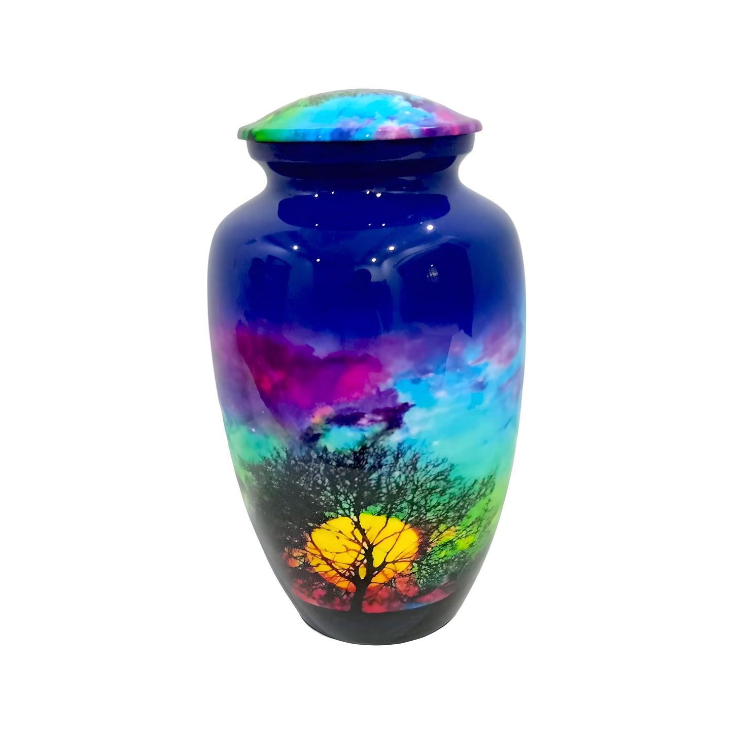 Adult Cremation Urn Sunset and Tree Silhouette with Colorful Sky Design (Product Code: NUTSAS)