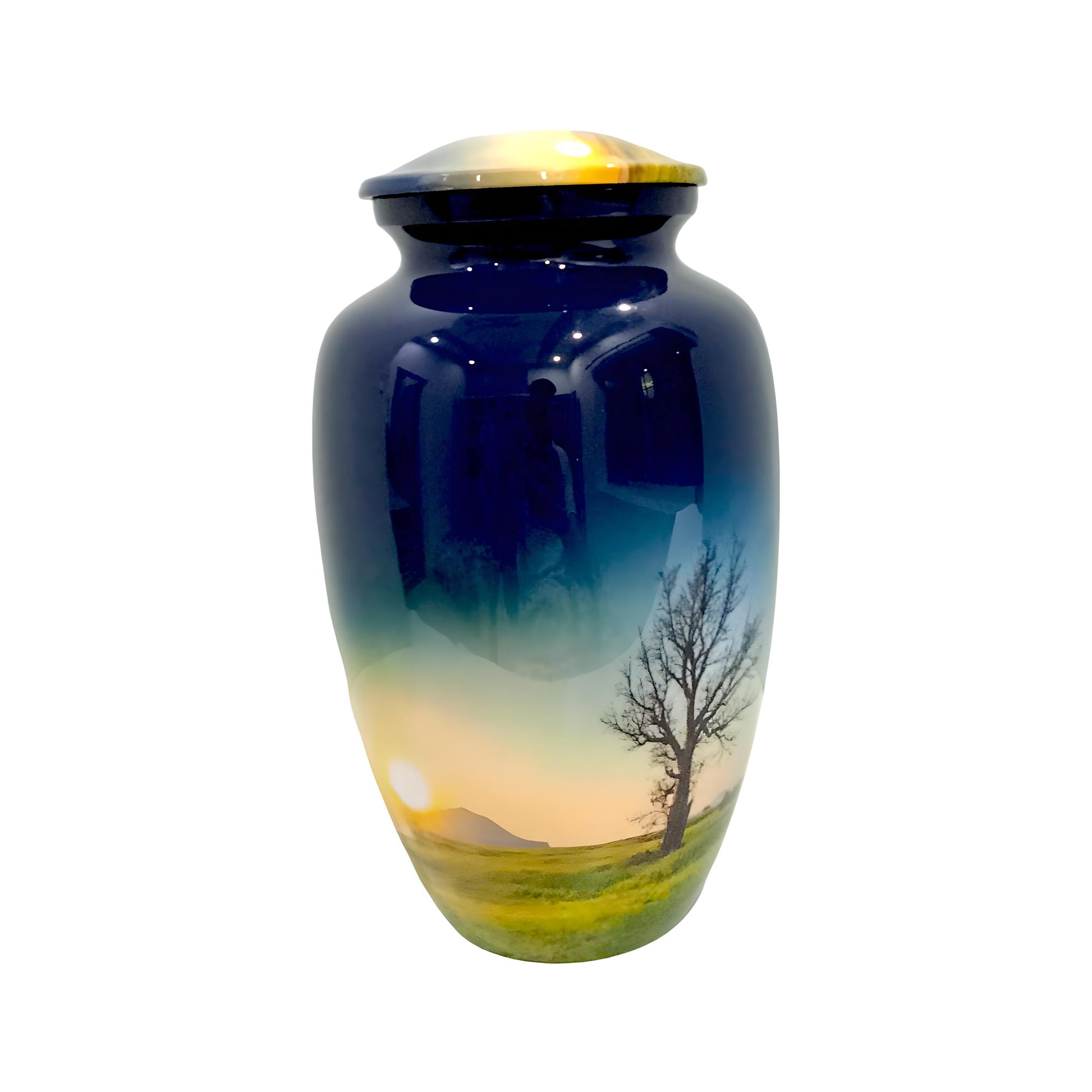 Adult Cremation Urn – Tranquil Sunrise with Tree and Meadow Design (Product Code: NUTT)