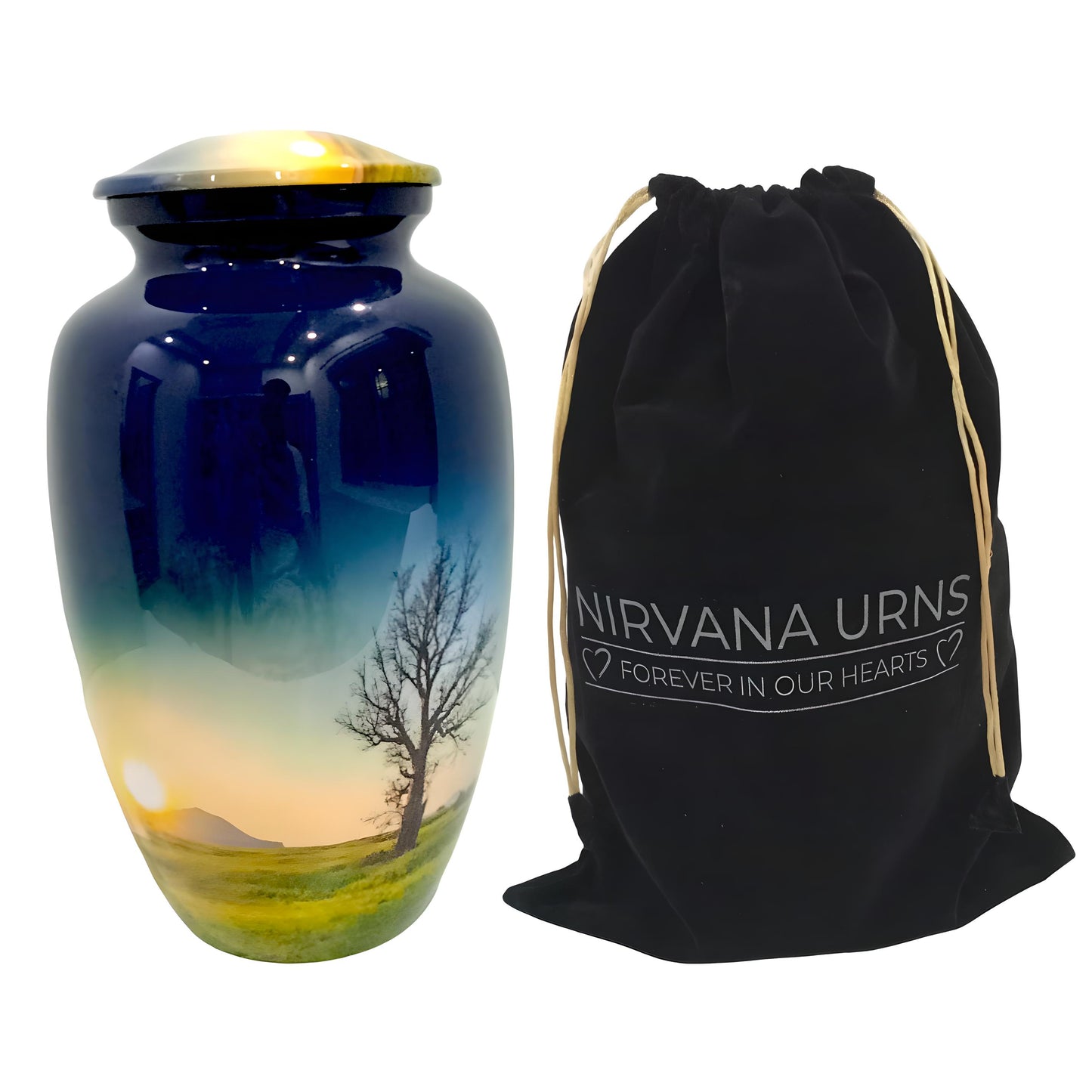 Adult Cremation Urn – Tranquil Sunrise with Tree and Meadow Design (Product Code: NUTT)