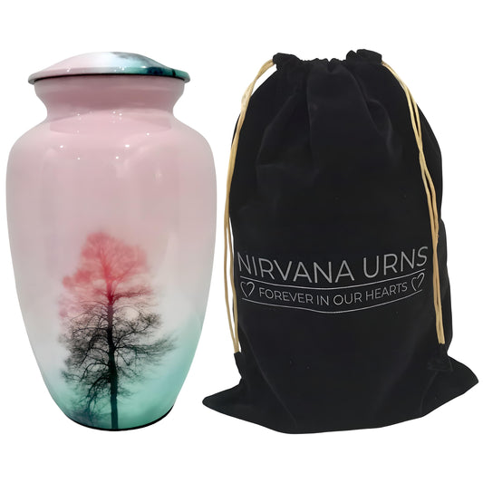 Adult Cremation Urn Tree of Life Sunset Design in Pink & Aqua Gloss Finish (Product Code: NUTF)