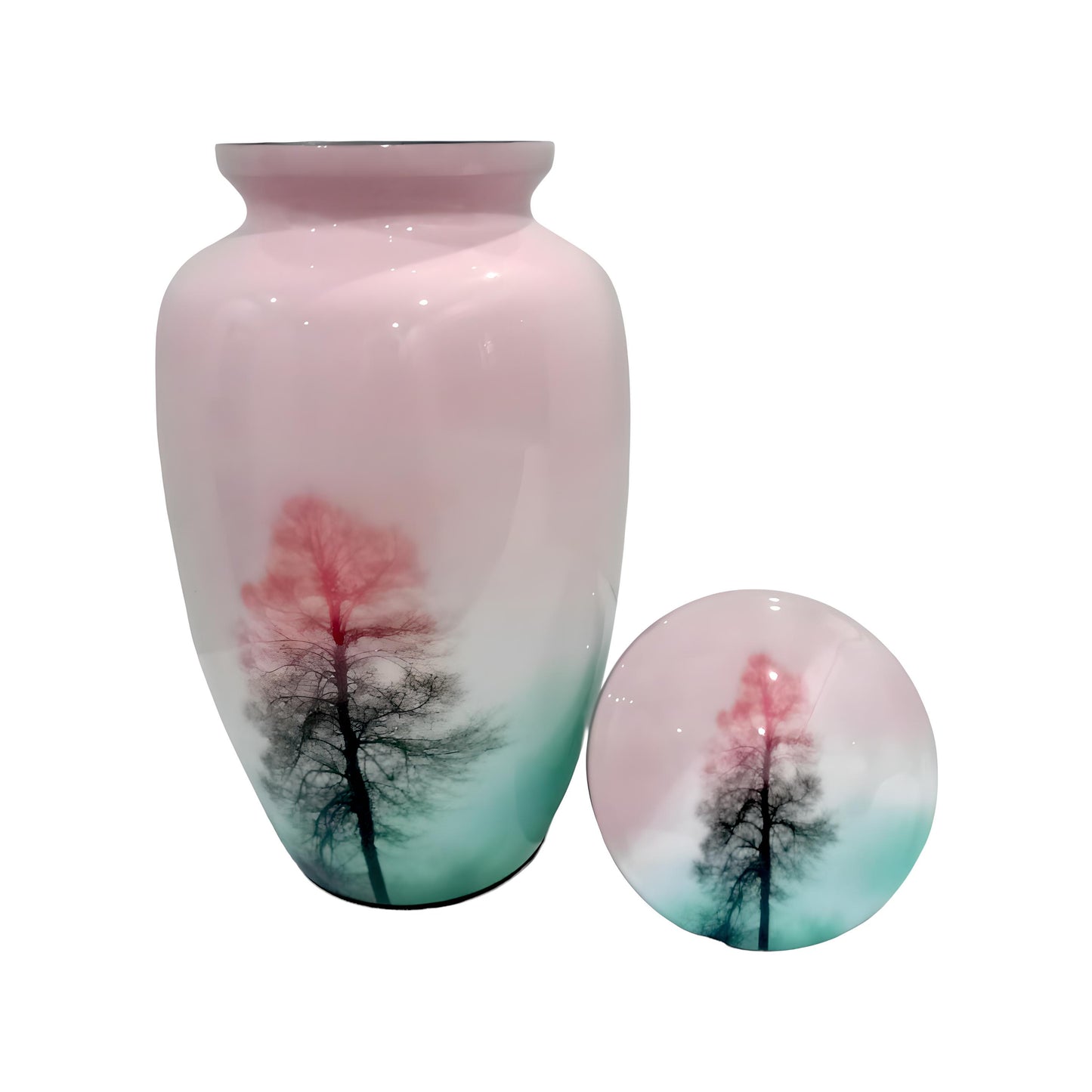 Adult Cremation Urn Tree of Life Sunset Design in Pink & Aqua Gloss Finish (Product Code: NUTF)