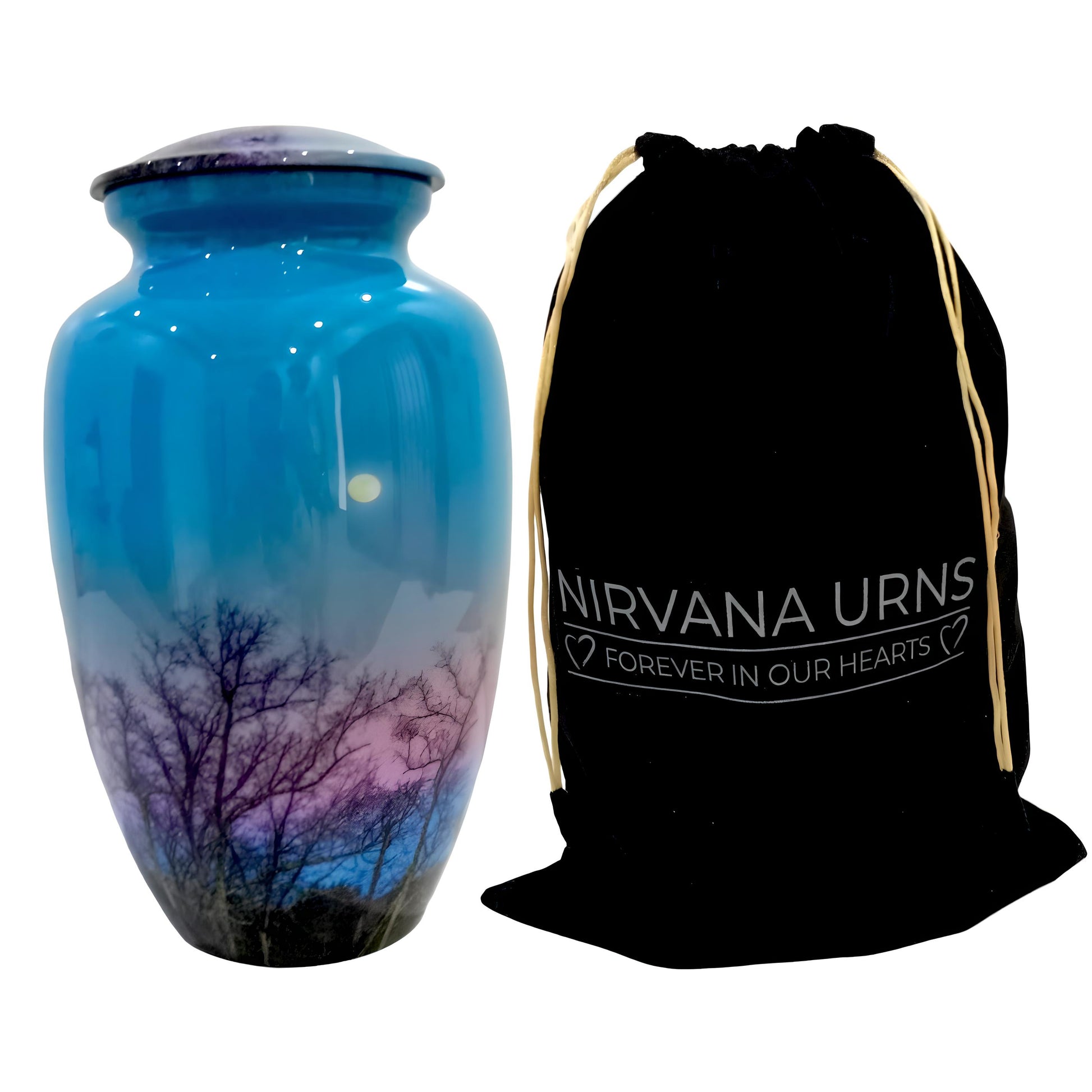 Adult Cremation Urn Twilight Sky with Moon & Tree Silhouette Design and Velvet Bag (Product Code NUBSMT)