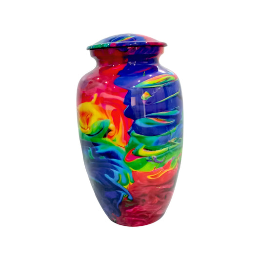 Adult Cremation Urn Vibrant Rainbow Abstract Design Gloss Aluminum Finish (Product Code NUACO)