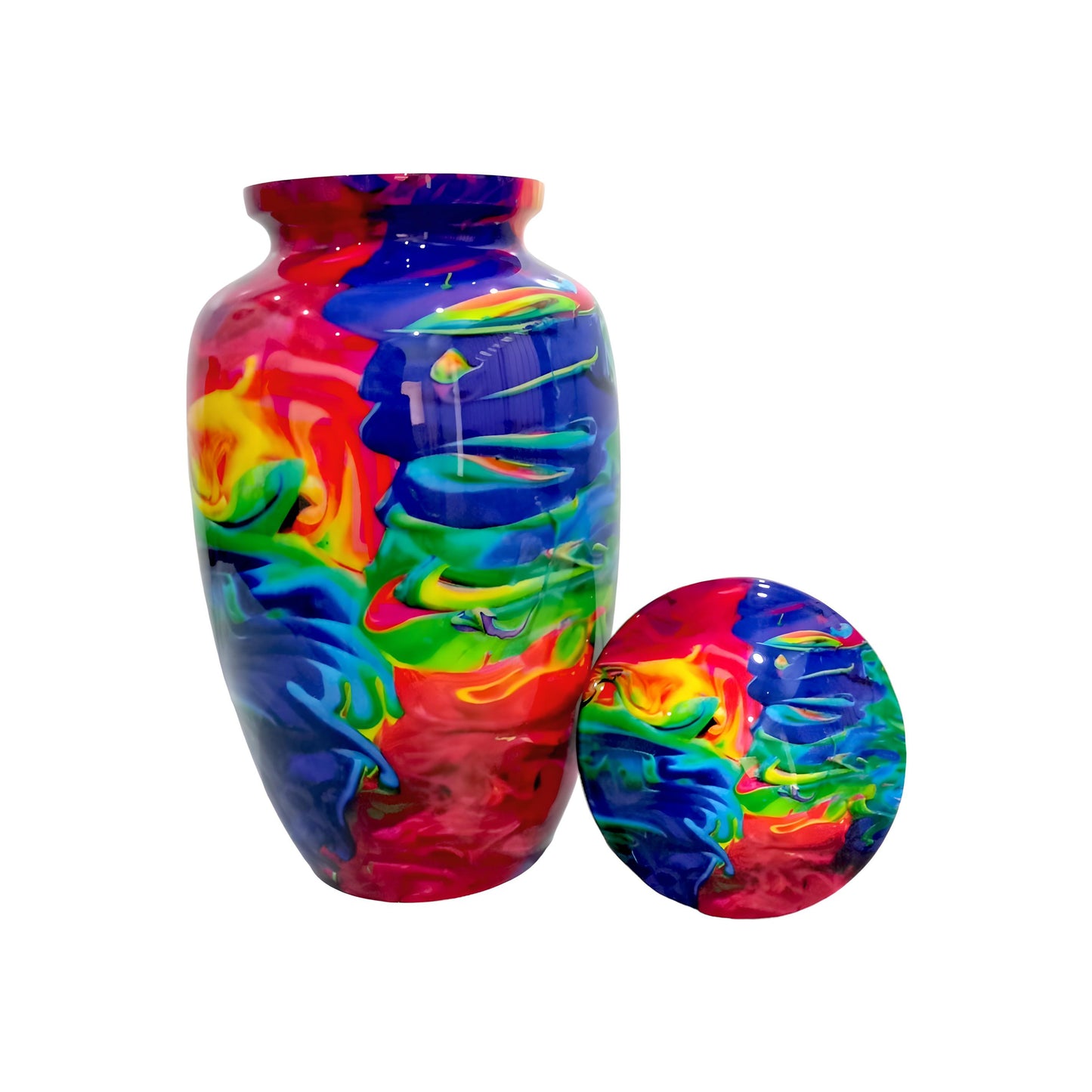Adult Cremation Urn Vibrant Rainbow Abstract Design Gloss Aluminum Finish (Product Code NUACO)