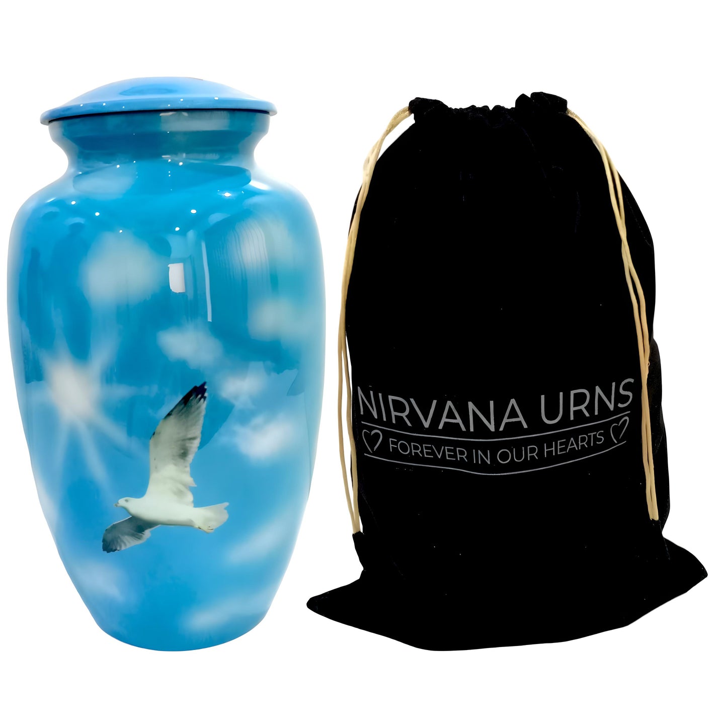 Adult Cremation Urn White Dove in Blue Sky with Clouds Design and Velvet Bag (Product Code NUBSWP)