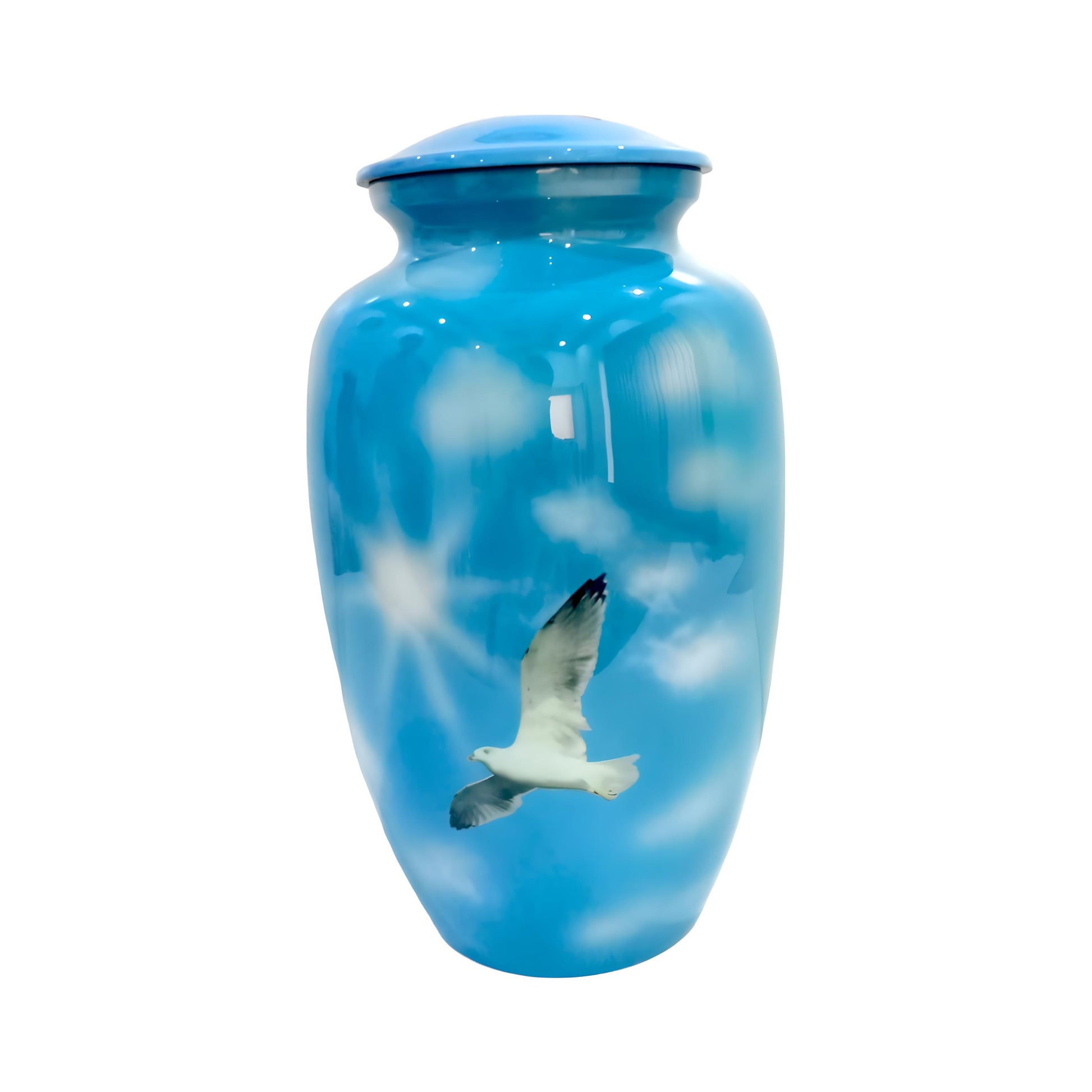 Adult Cremation Urn White Dove in Blue Sky with Clouds Design and Velvet Bag (Product Code NUBSWP)