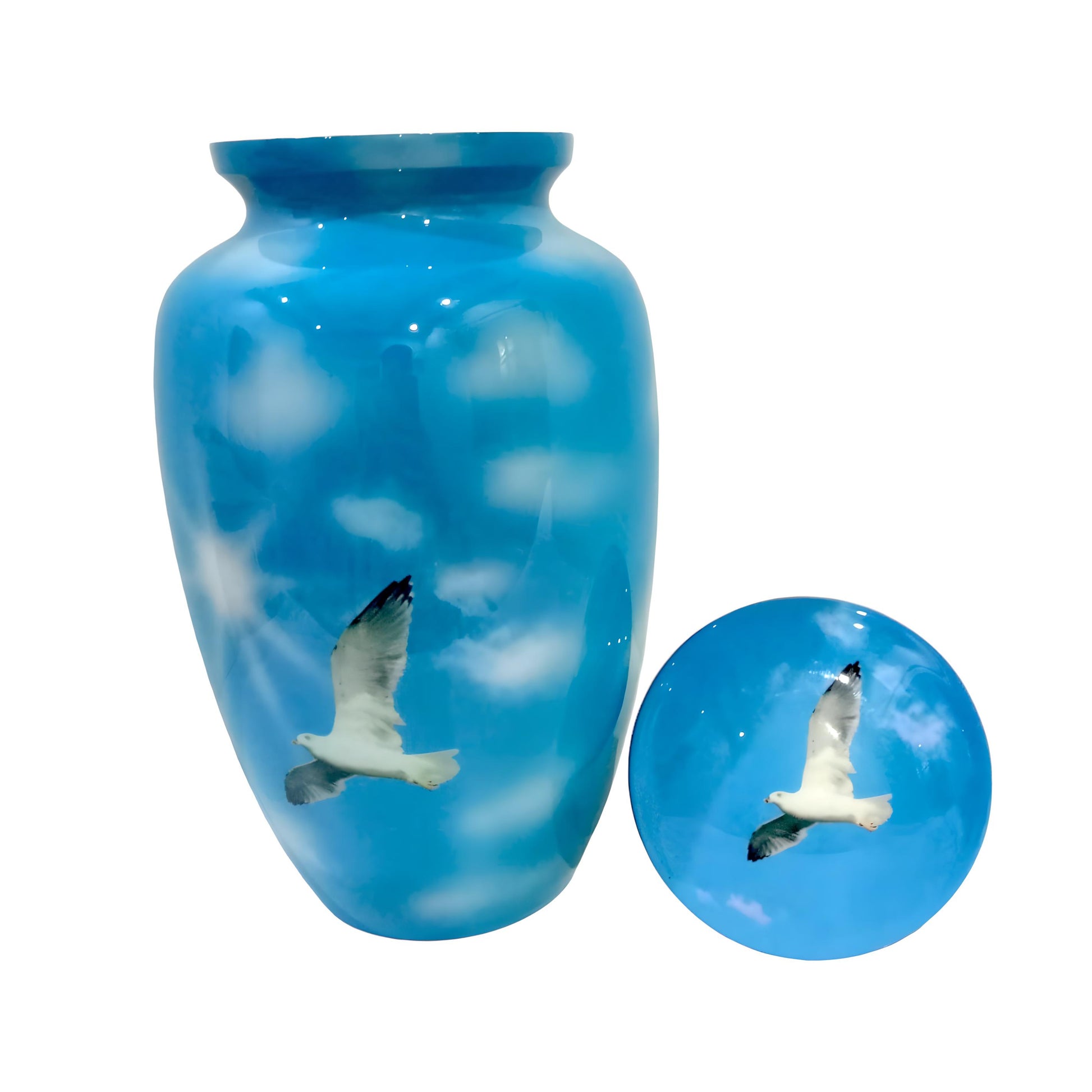 Adult Cremation Urn White Dove in Blue Sky with Clouds Design and Velvet Bag (Product Code NUBSWP)