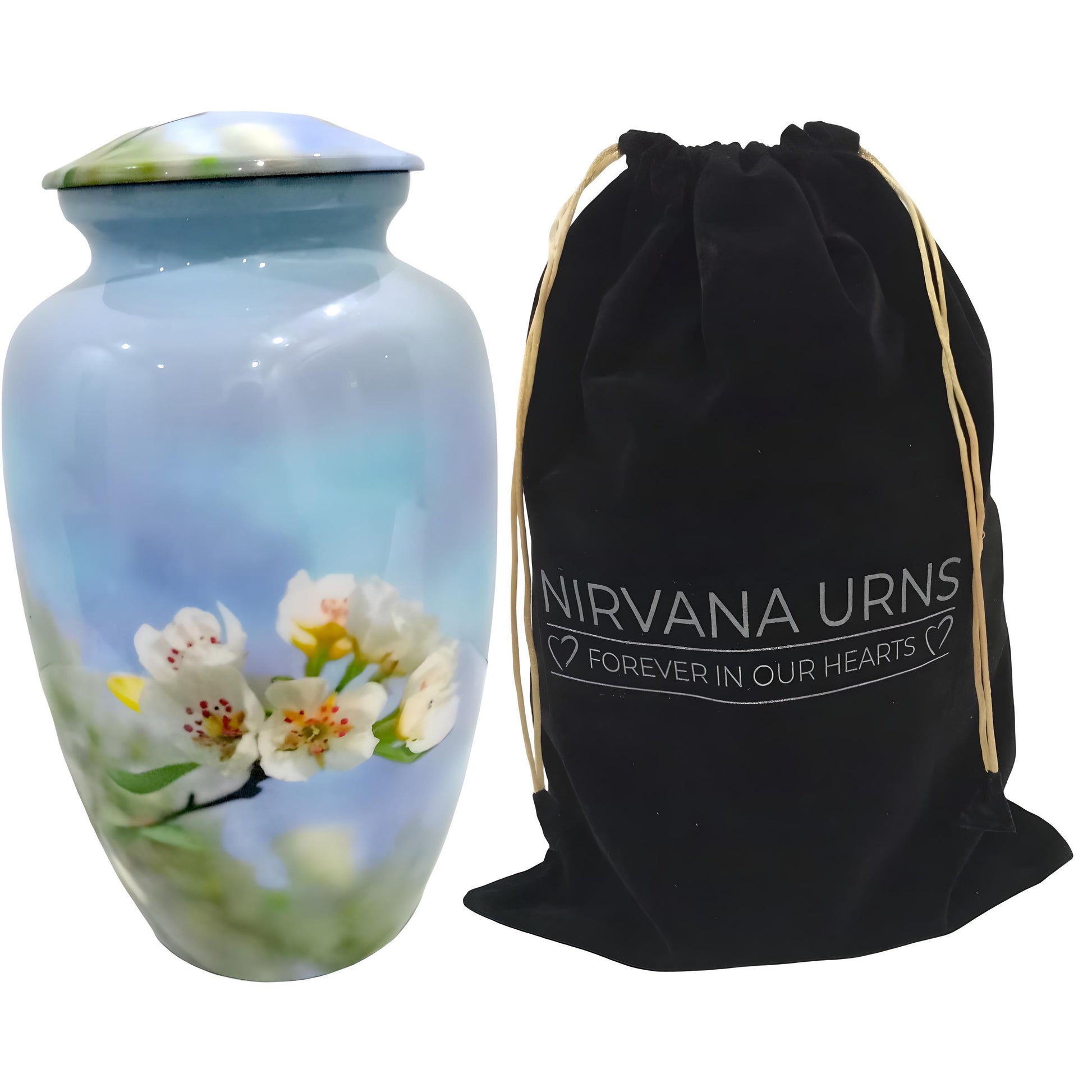 Adult Cremation Urn White Flower Blossom Design with Velvet Bag (Product Code NUWFP)