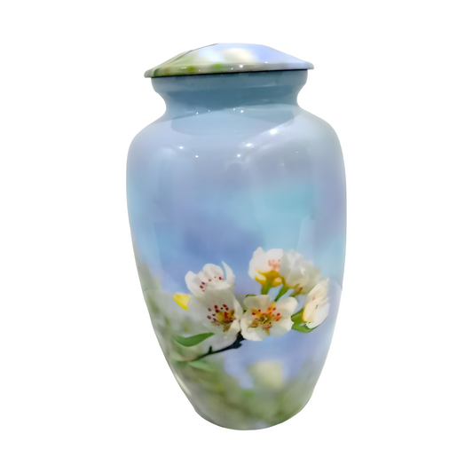 Adult Cremation Urn White Flower Blossom Design with Velvet Bag (Product Code NUWFP)