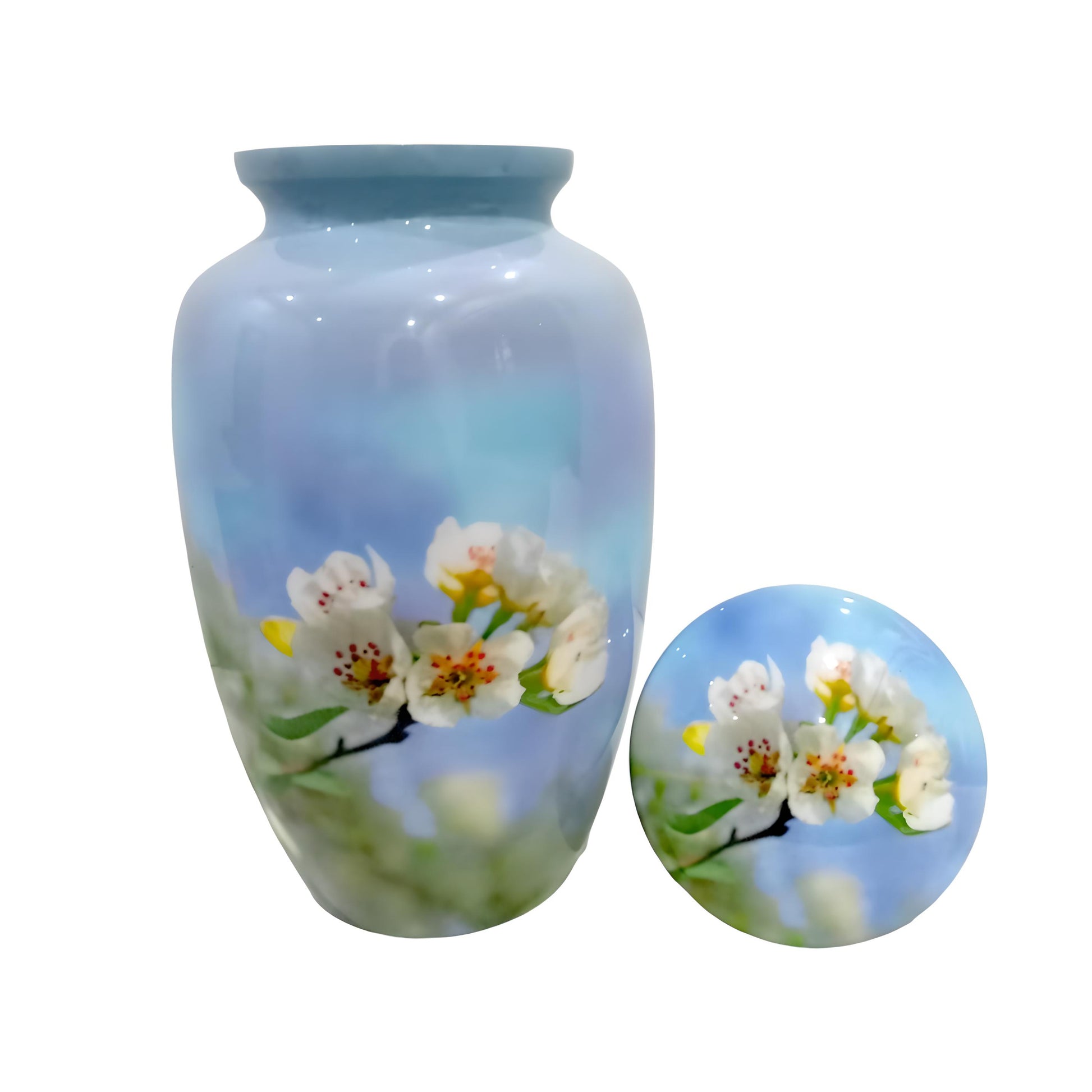 Adult Cremation Urn White Flower Blossom Design with Velvet Bag (Product Code NUWFP)