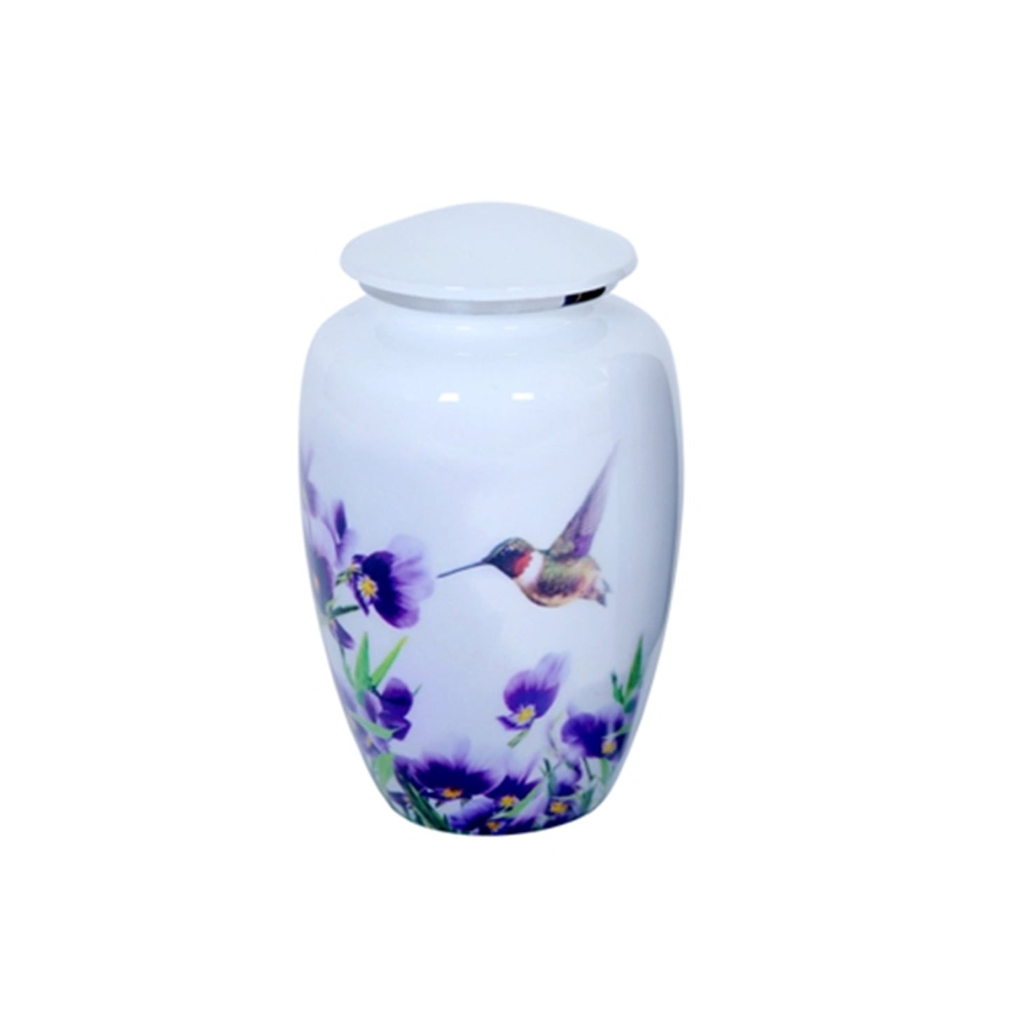 Adult Cremation Urn White Hummingbird with Purple Floral Design & Velvet Bag (Product Code NUWHT-A)