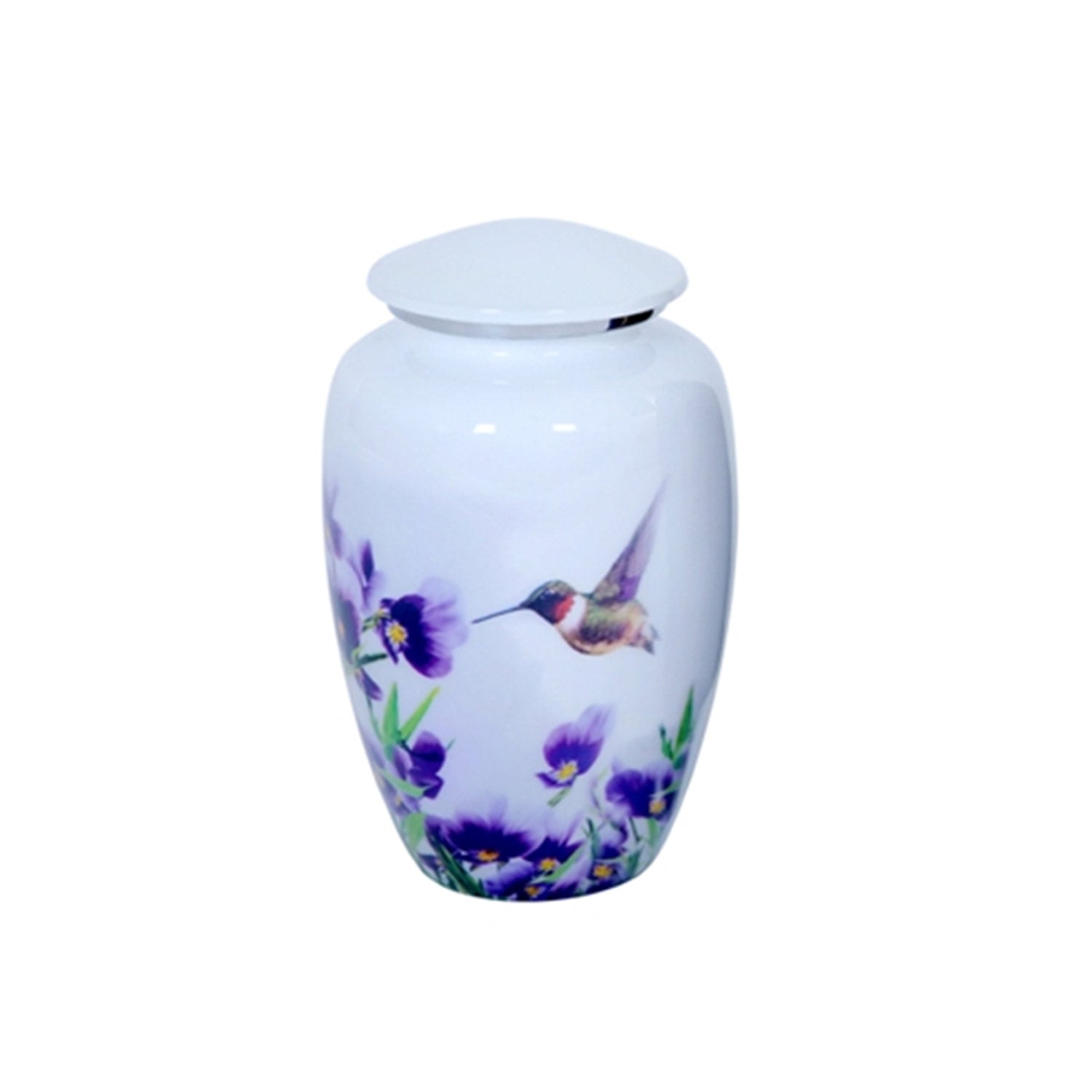 Adult Cremation Urn White Hummingbird with Purple Floral Design & Velvet Bag (Product Code NUWHT-A)