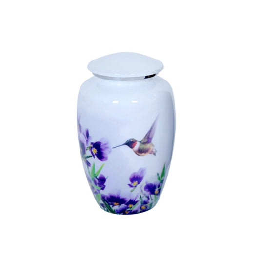 Adult Cremation Urn White Hummingbird with Purple Floral Design & Velvet Bag (Product Code NUWHT-A)
