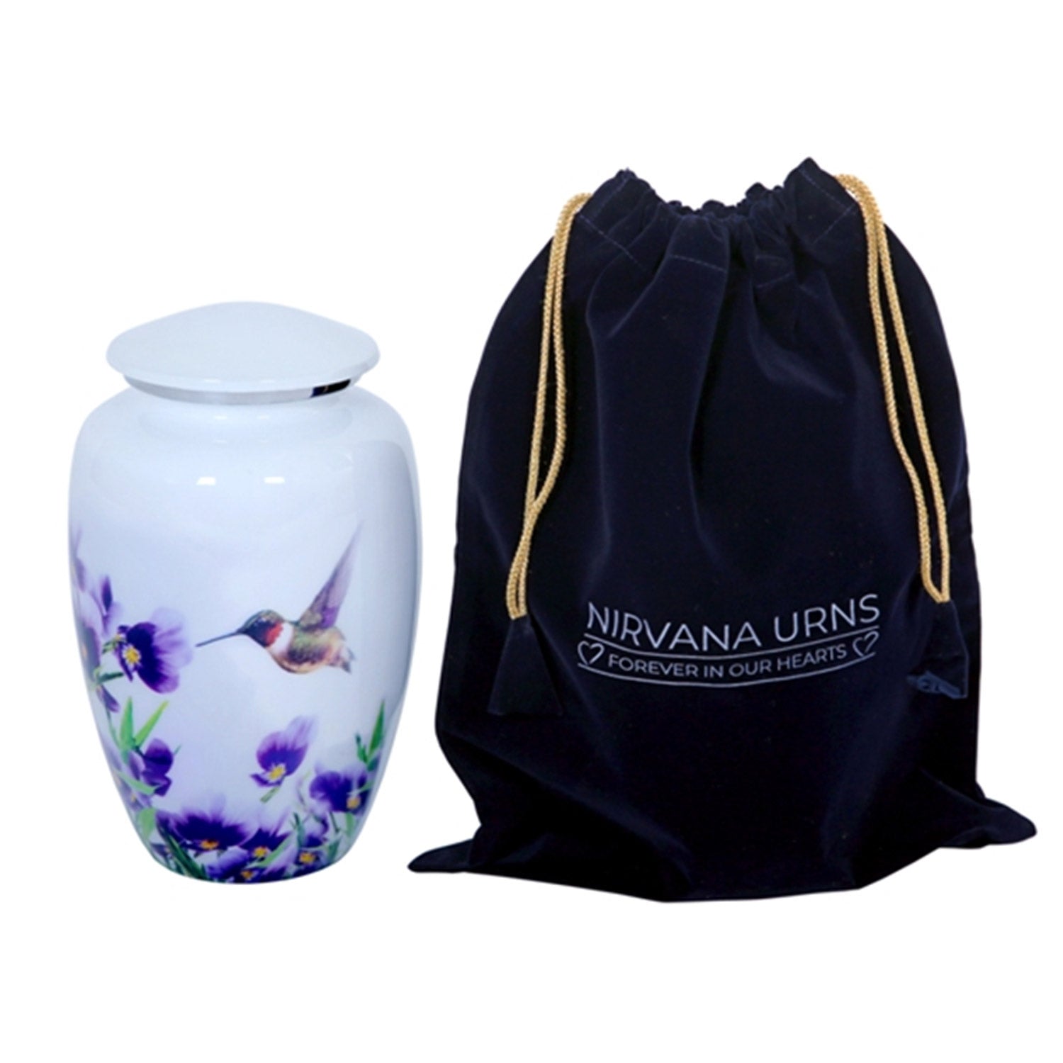 Adult Cremation Urn White Hummingbird with Purple Floral Design & Velvet Bag (Product Code NUWHT-A)