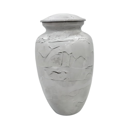 Adult Cremation Urn White Textured Stone Design in Gloss Finish (Product Code: NUTEX)