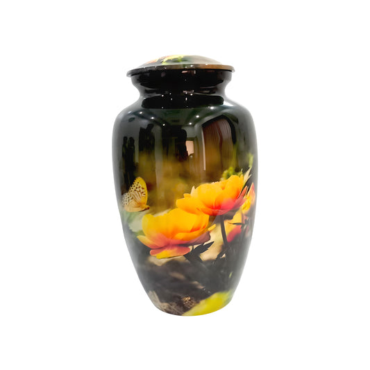 Adult Cremation Urn – Yellow Rose & Butterfly Design in Gloss Finish (Product Code: NUBYP)