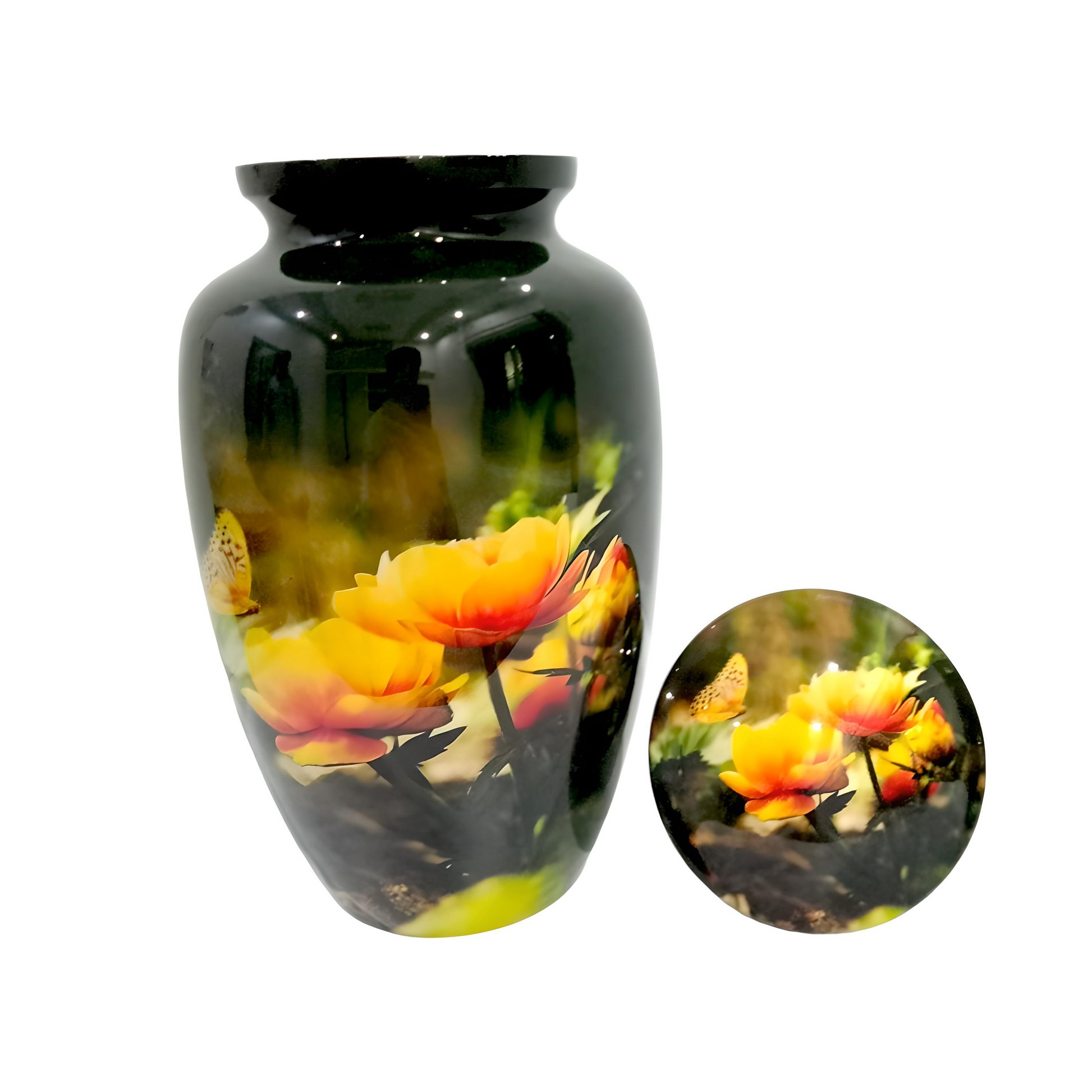 Adult Cremation Urn – Yellow Rose & Butterfly Design in Gloss Finish (Product Code: NUBYP)