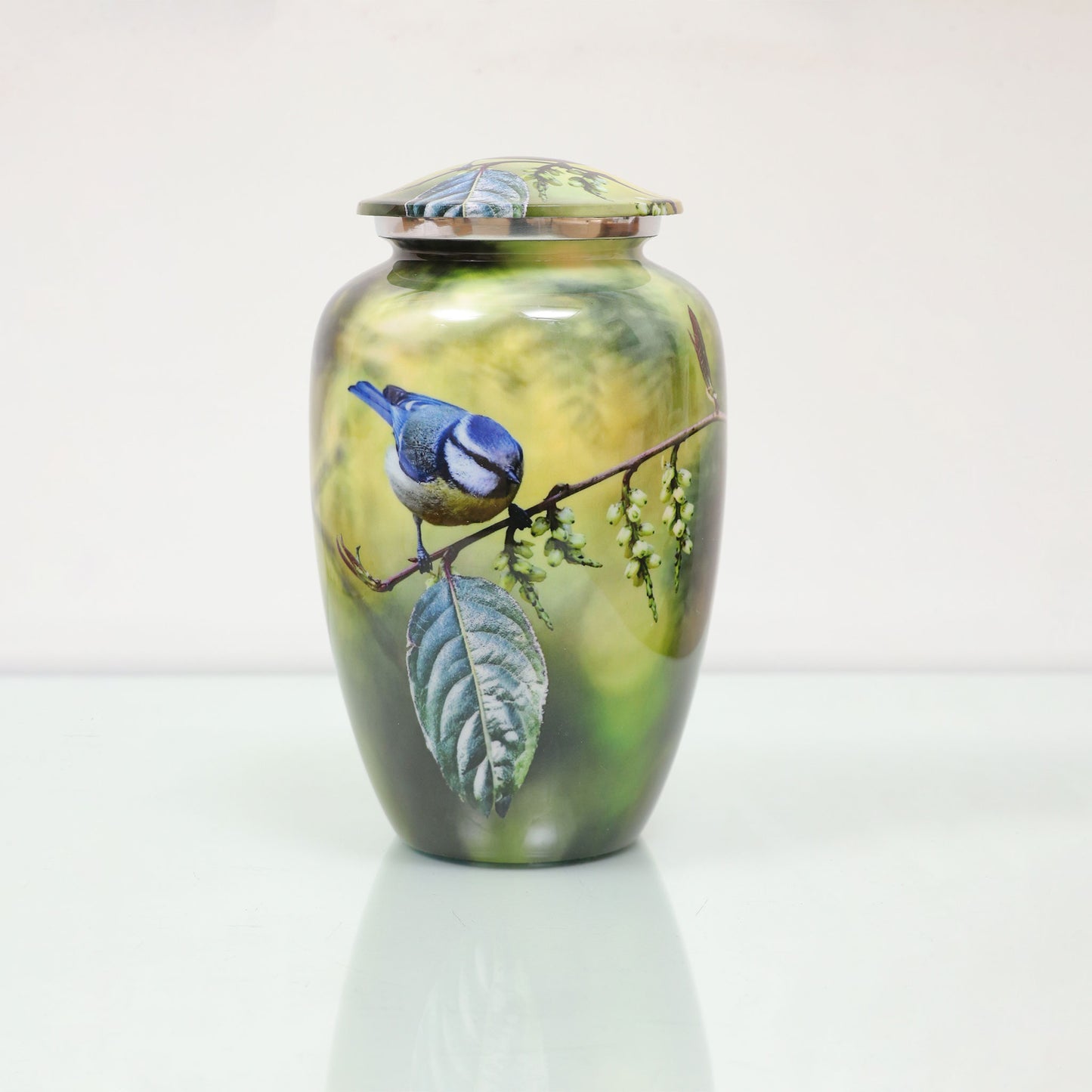 Adult Cremation Urn Blue Bird Perched On Branch Design with Velvet Bag (Product Code: NUBO-A)