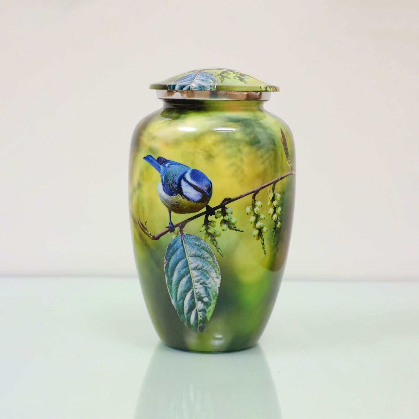 Adult Cremation Urn Blue Bird Perched On Branch Design with Velvet Bag (Product Code: NUBO-A)