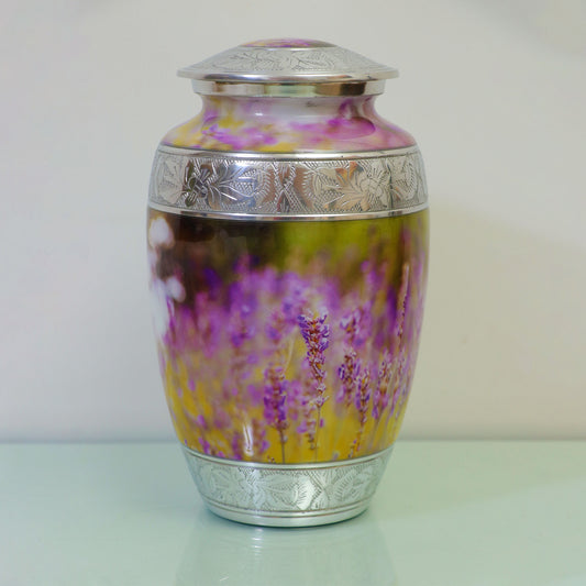 Adult Cremation Urn Purple Flower Design with Velvet Bag (Product Code: NUPSE-A)