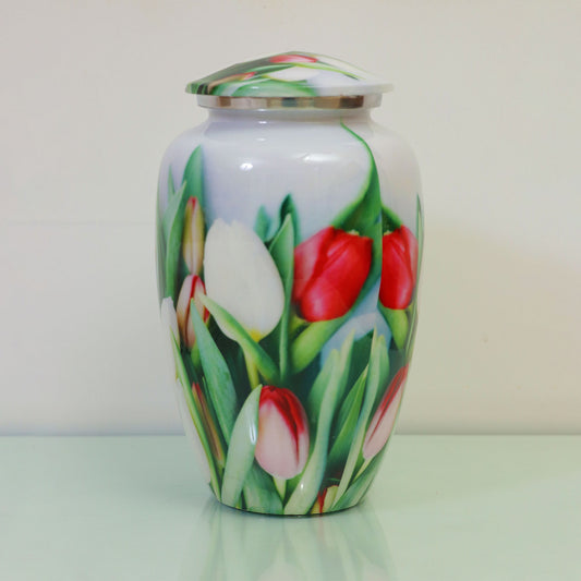 Adult Cremation Urn White and Red Tulip Flowers Design with Velvet Bag (Product Code: NUPT-A)