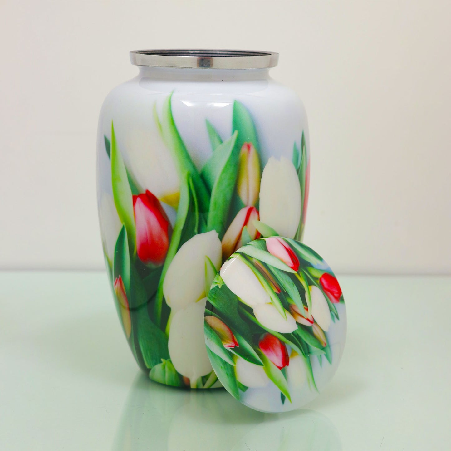 Adult Cremation Urn White and Red Tulip Flowers Design with Velvet Bag (Product Code: NUPT-A)