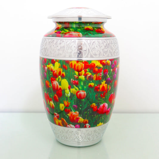 Adult Cremation Urn Red Purple and Yellow Tulip Design with velvet bag - (Product Code: NUPO-A)