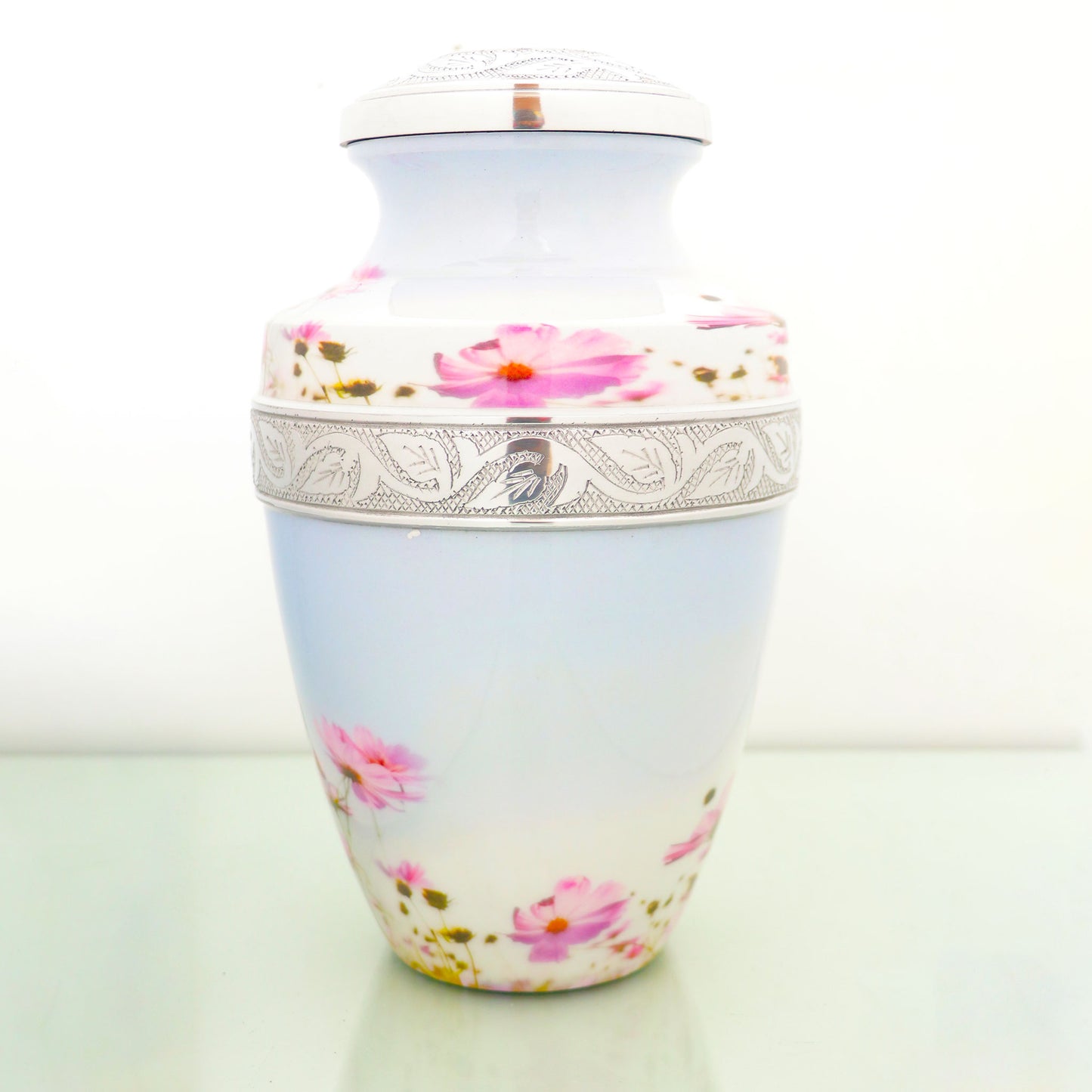 Adult Cremation Urn Pink Flowers Design with Velvet Bag (Product Code NUPTH-A)