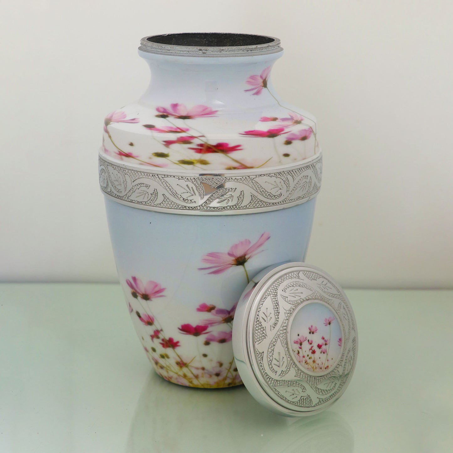 Adult Cremation Urn Pink Flowers Design with Velvet Bag (Product Code NUPTH-A)