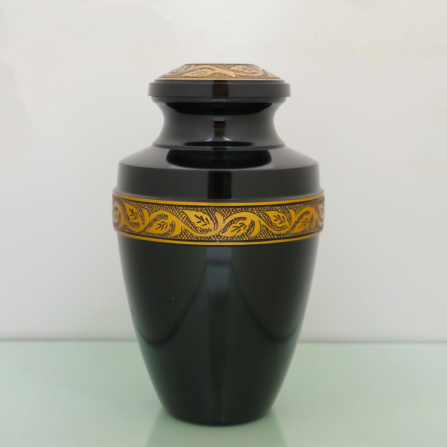 Adult Cremation Urn Solid Black & Golden Engraved Design with Velvet Bag (Product Code NUEBE-A)