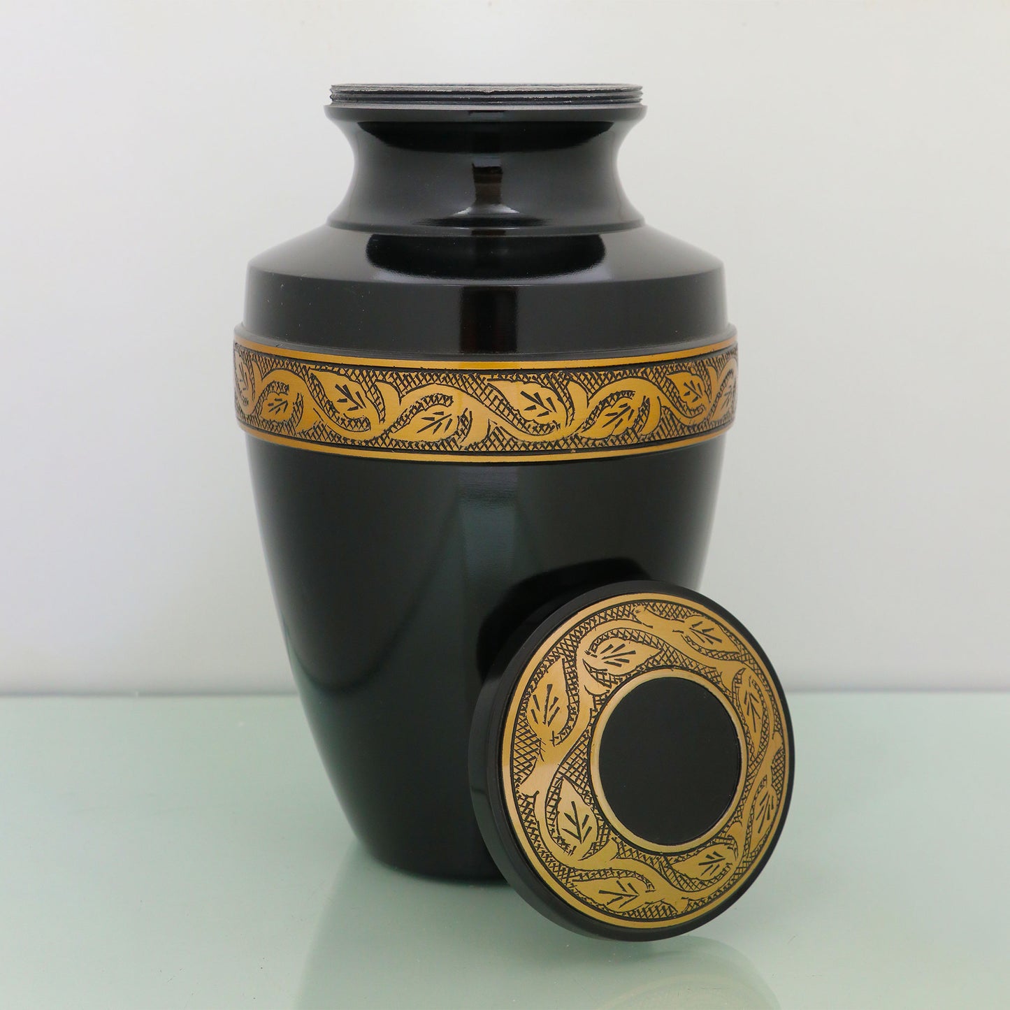 Adult Cremation Urn Solid Black & Golden Engraved Design with Velvet Bag (Product Code NUEBE-A)