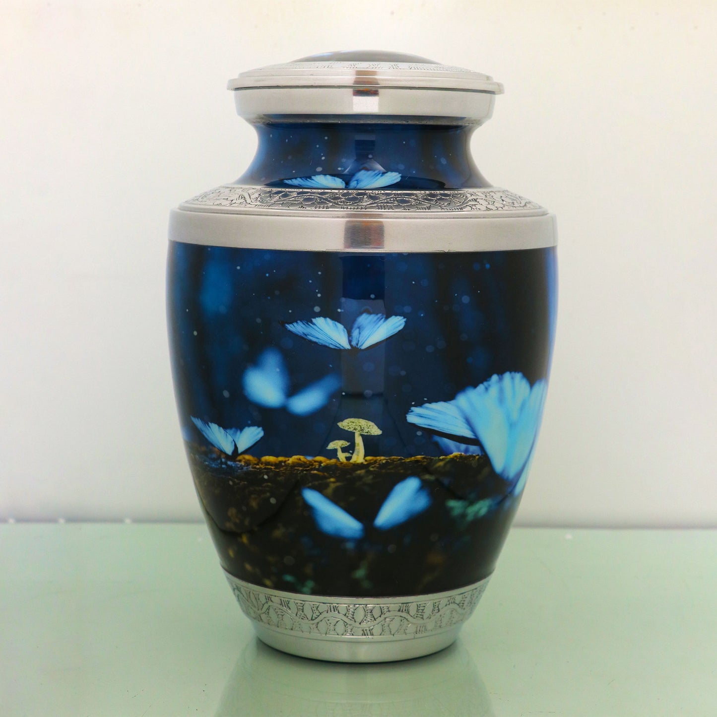 Adult Cremation Urn Fantasy Butterflies And Mushrooms Design with Velvet Bag (Product Code NUBU-A)