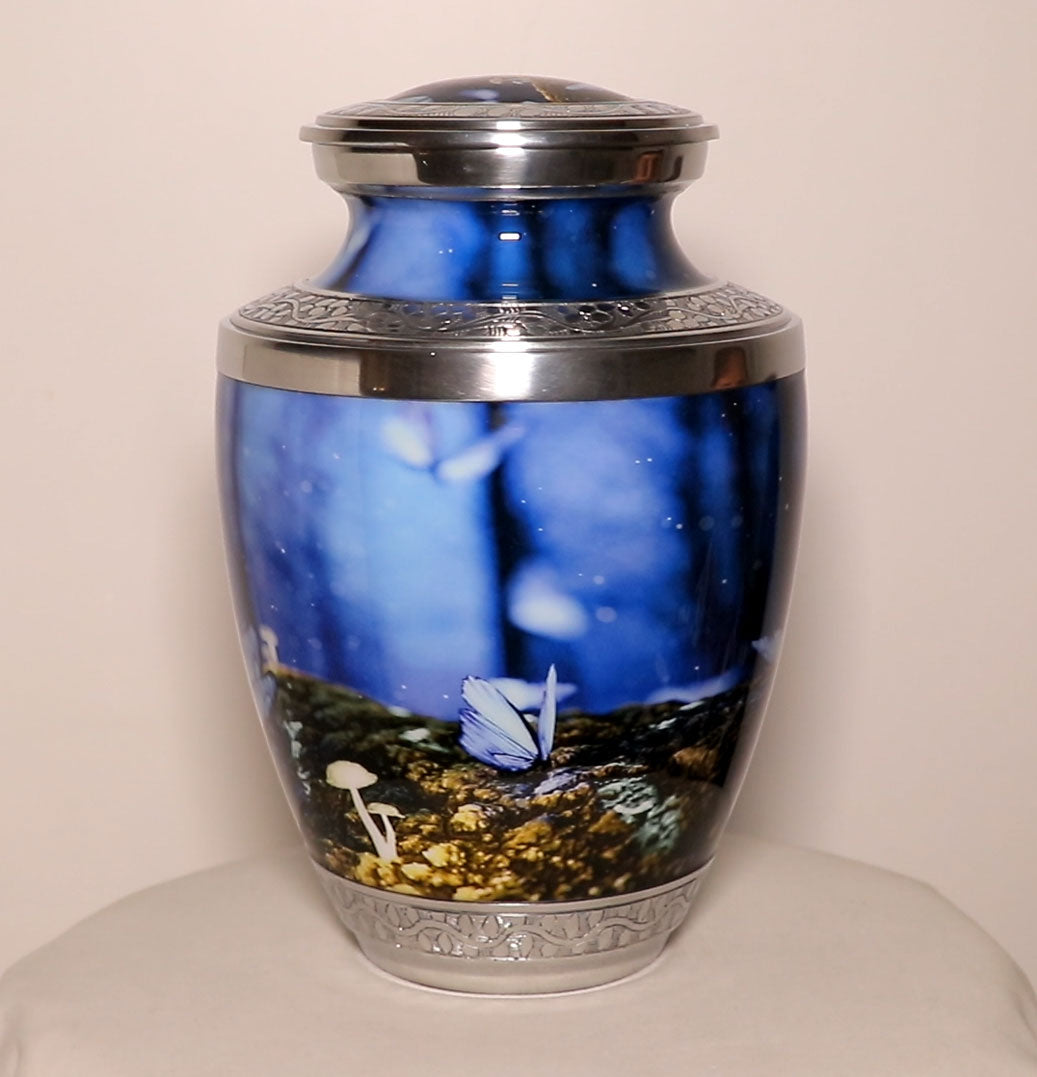 Adult Cremation Urn Fantasy Butterflies And Mushrooms Design with Velvet Bag (Product Code NUBU-A)