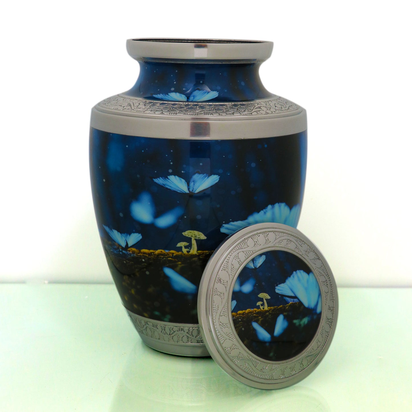 Adult Cremation Urn Fantasy Butterflies And Mushrooms Design with Velvet Bag (Product Code NUBU-A)