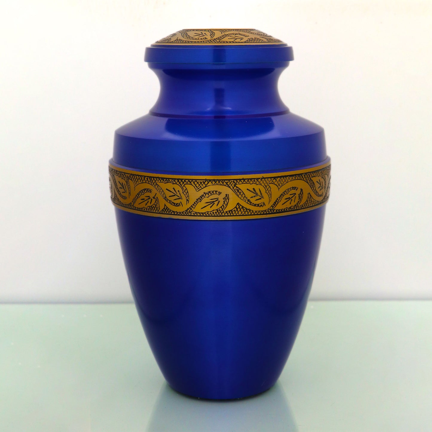 Adult Cremation Urn Solid Blue & Golden Engraved Design with Velvet Bag (Product Code NUABE-A)