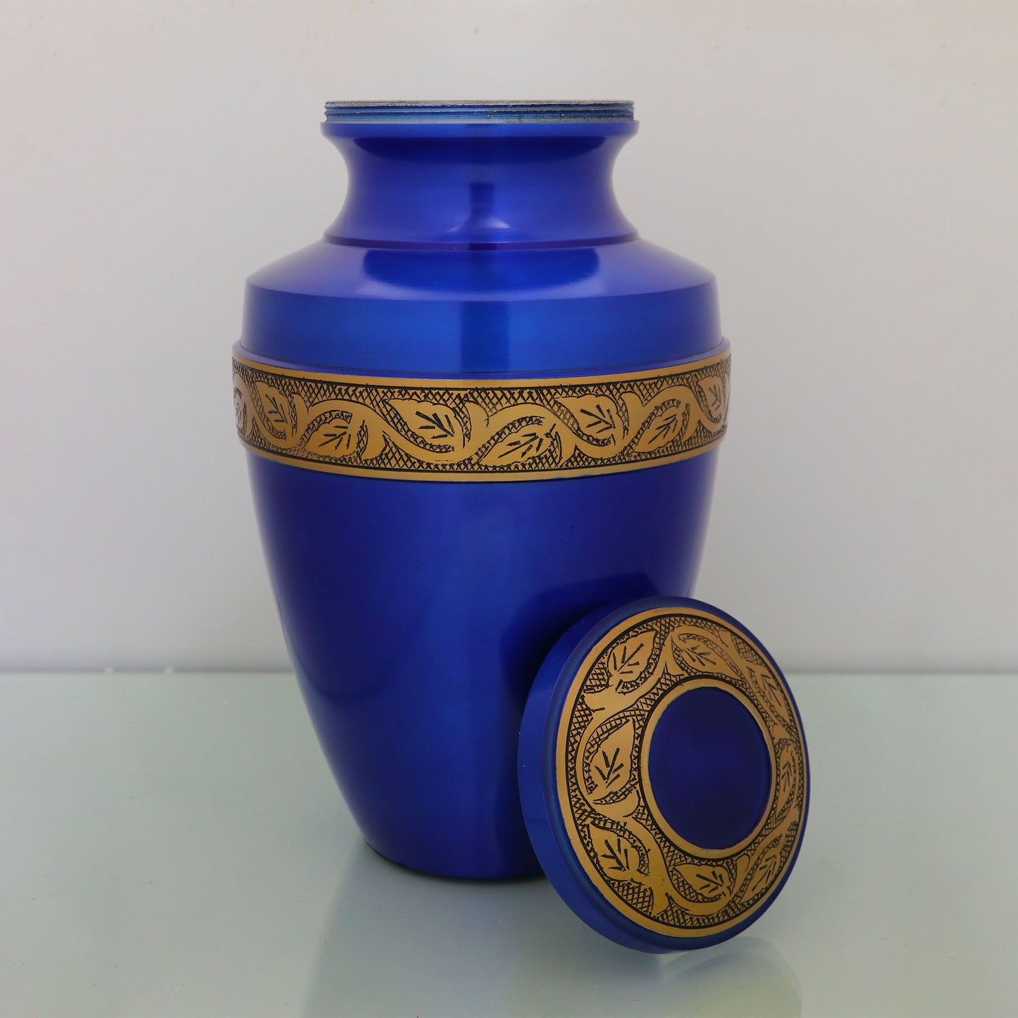 Adult Cremation Urn Solid Blue & Golden Engraved Design with Velvet Bag (Product Code NUABE-A)