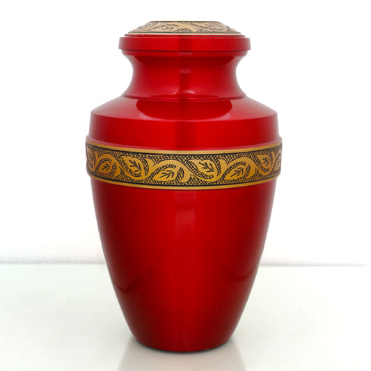 Adult Cremation Urn Solid Red & Golden Engraved Design with velvet bag (Product Code NUARE-A)