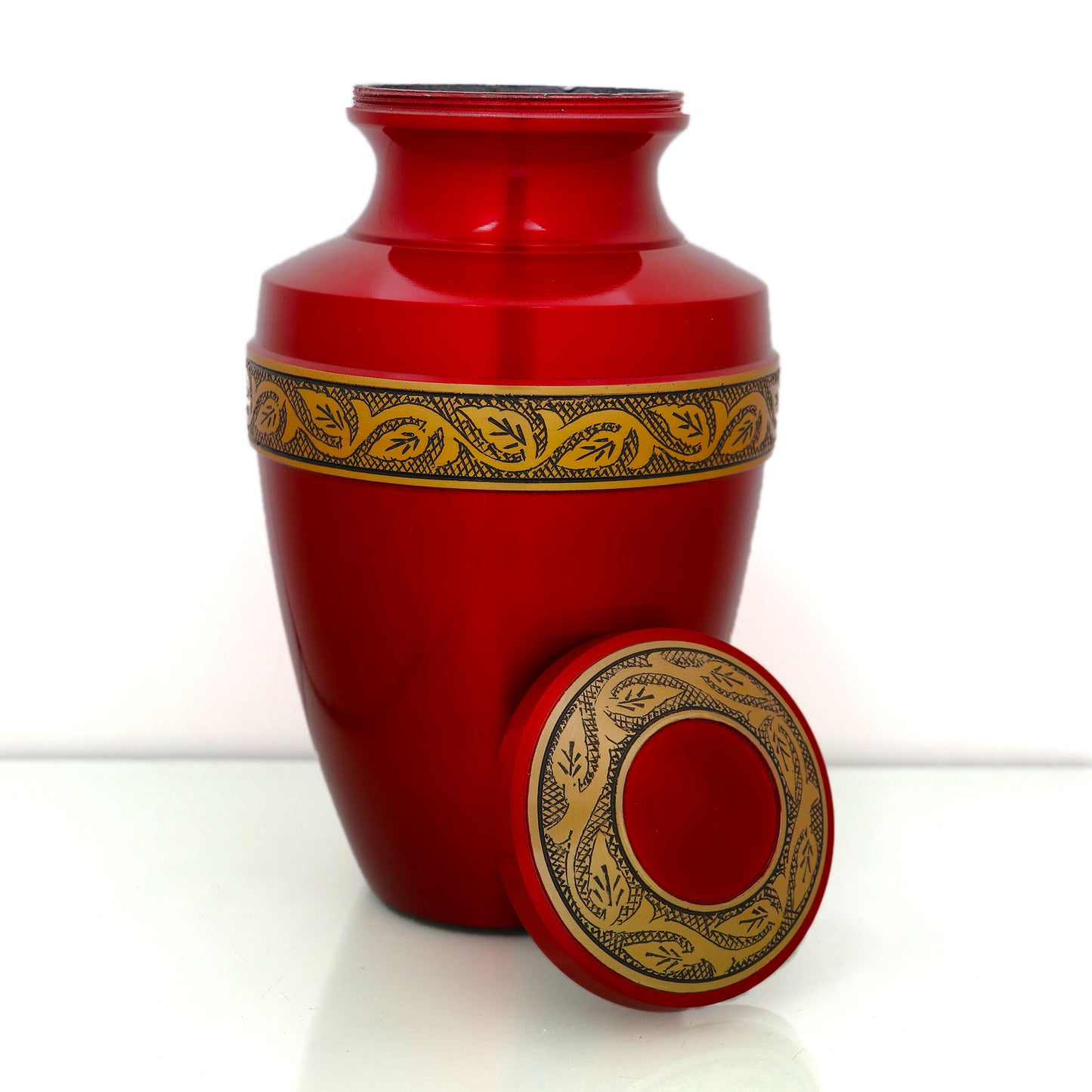 Adult Cremation Urn Solid Red & Golden Engraved Design with velvet bag (Product Code NUARE-A)