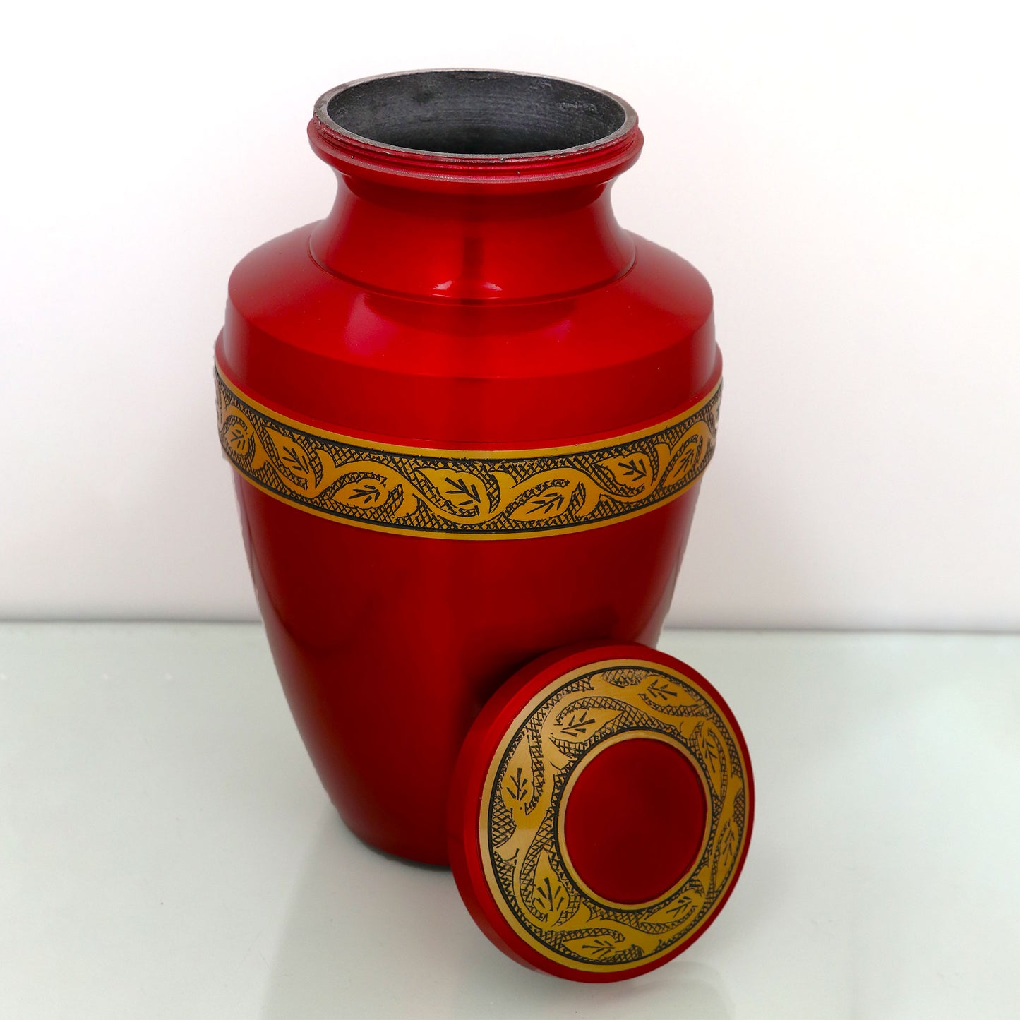 Adult Cremation Urn Solid Red & Golden Engraved Design with velvet bag (Product Code NUARE-A)