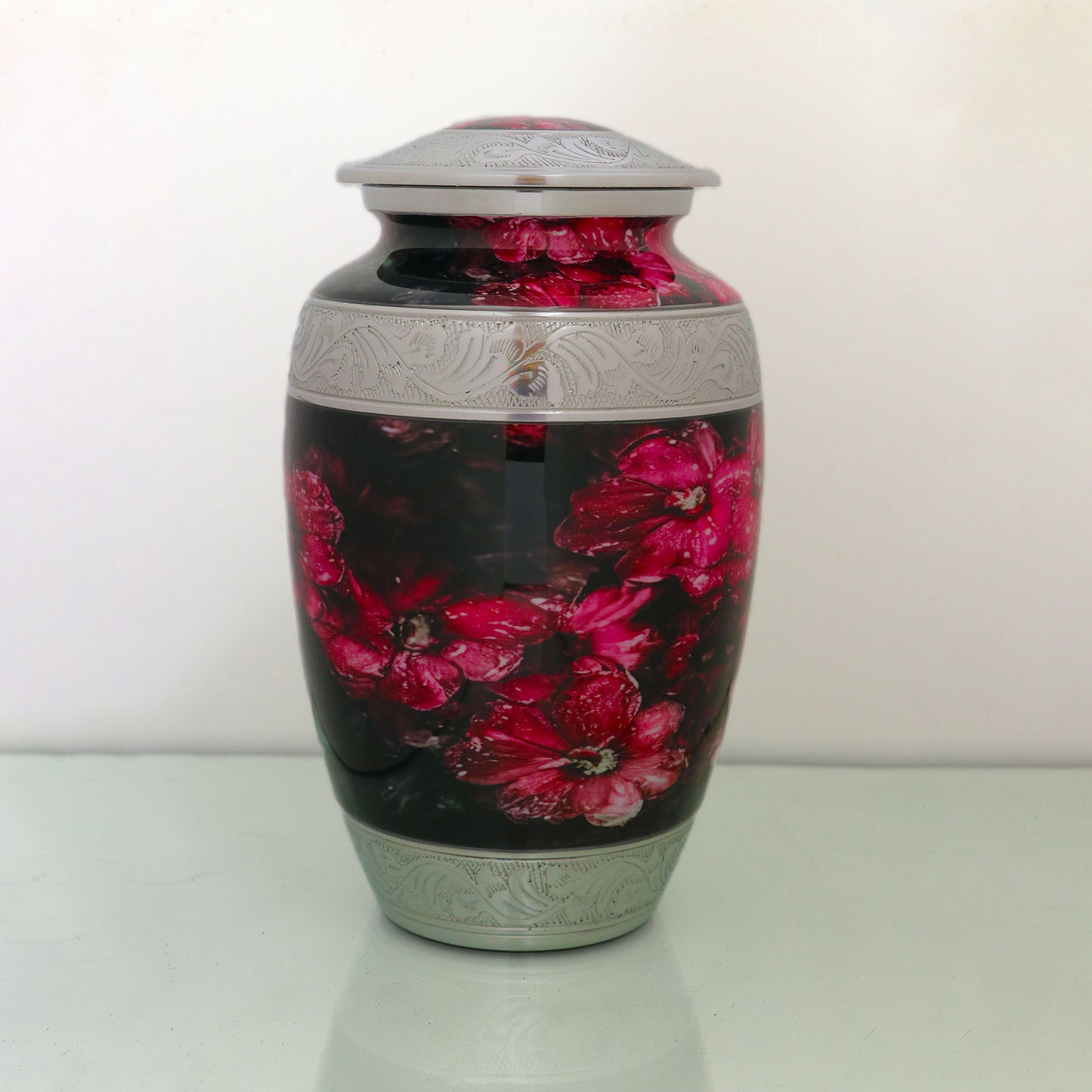 Adult Cremation Urn Pink Flowers & Water Drops Design with velvet bag (Product Code NUPTE-A)