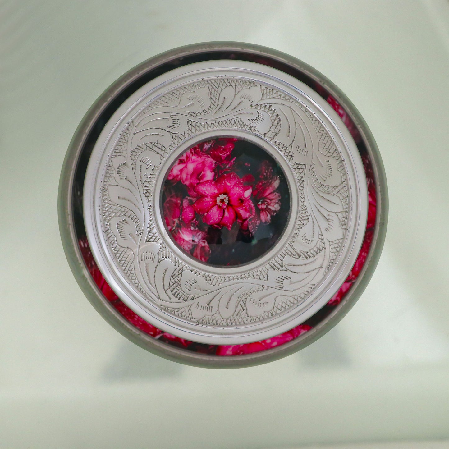 Adult Cremation Urn Pink Flowers & Water Drops Design with velvet bag (Product Code NUPTE-A)