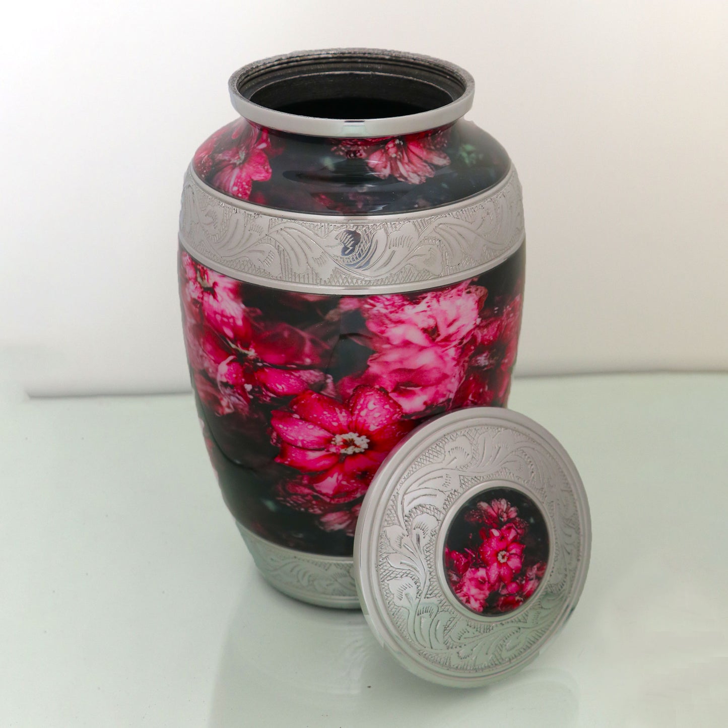 Adult Cremation Urn Pink Flowers & Water Drops Design with velvet bag (Product Code NUPTE-A)