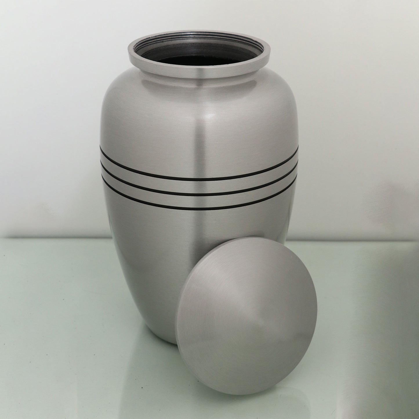 Adult Cremation Urn Solid Silver & Three Black Stripes with velvet bag (Product Code NUSTBS-A)