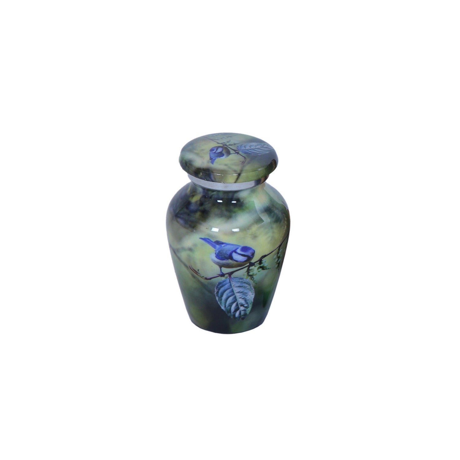 Keepsake Cremation Urn Blue Bird Perched On Branch Design with Velvet Bag – (Product Code: NUBO-K)