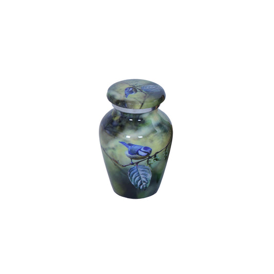 Keepsake Cremation Urn Blue Bird Perched On Branch Design with Velvet Bag – (Product Code: NUBO-K)