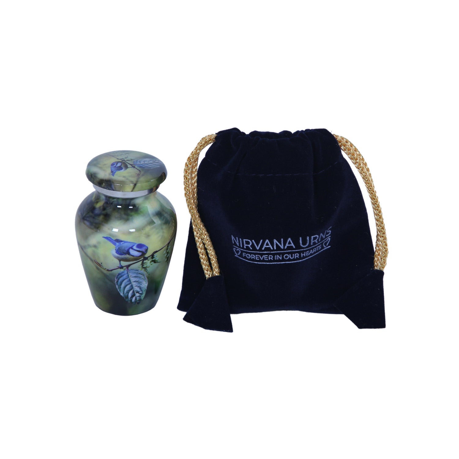 Keepsake Cremation Urn Blue Bird Perched On Branch Design with Velvet Bag – (Product Code: NUBO-K)