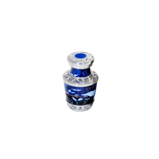 Keepsake Cremation Urn Blue Butterfly Design with Silver Engraved Accents and Velvet Bag (Product Code NUBU-K)