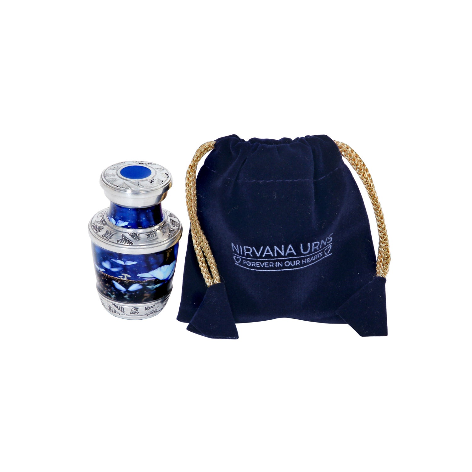 Keepsake Cremation Urn Blue Butterfly Design with Silver Engraved Accents and Velvet Bag (Product Code NUBU-K)