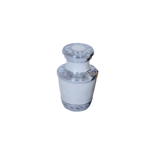 Keepsake Cremation Urn Elegant White & Silver Engraved Design with Velvet Bag (Product Code NUENPE-K)