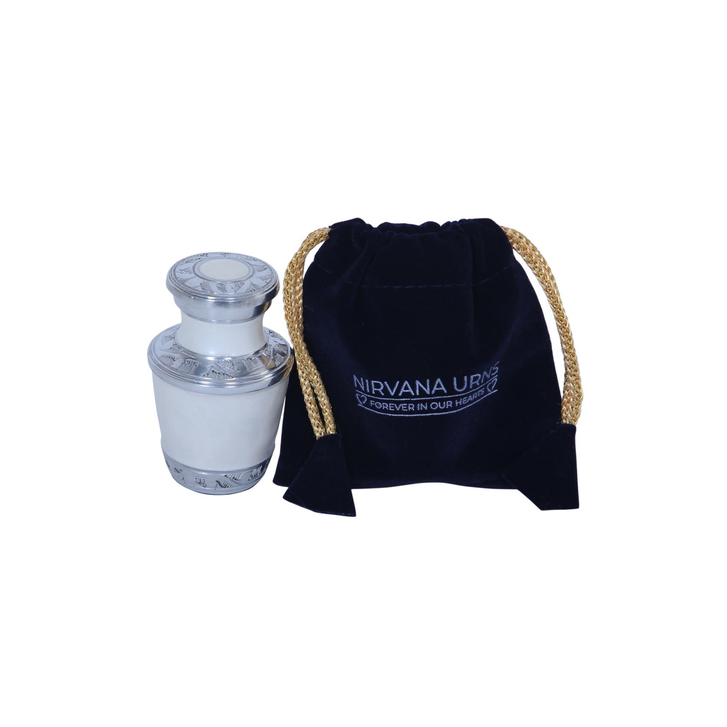 Keepsake Cremation Urn Elegant White & Silver Engraved Design with Velvet Bag (Product Code NUENPE-K)